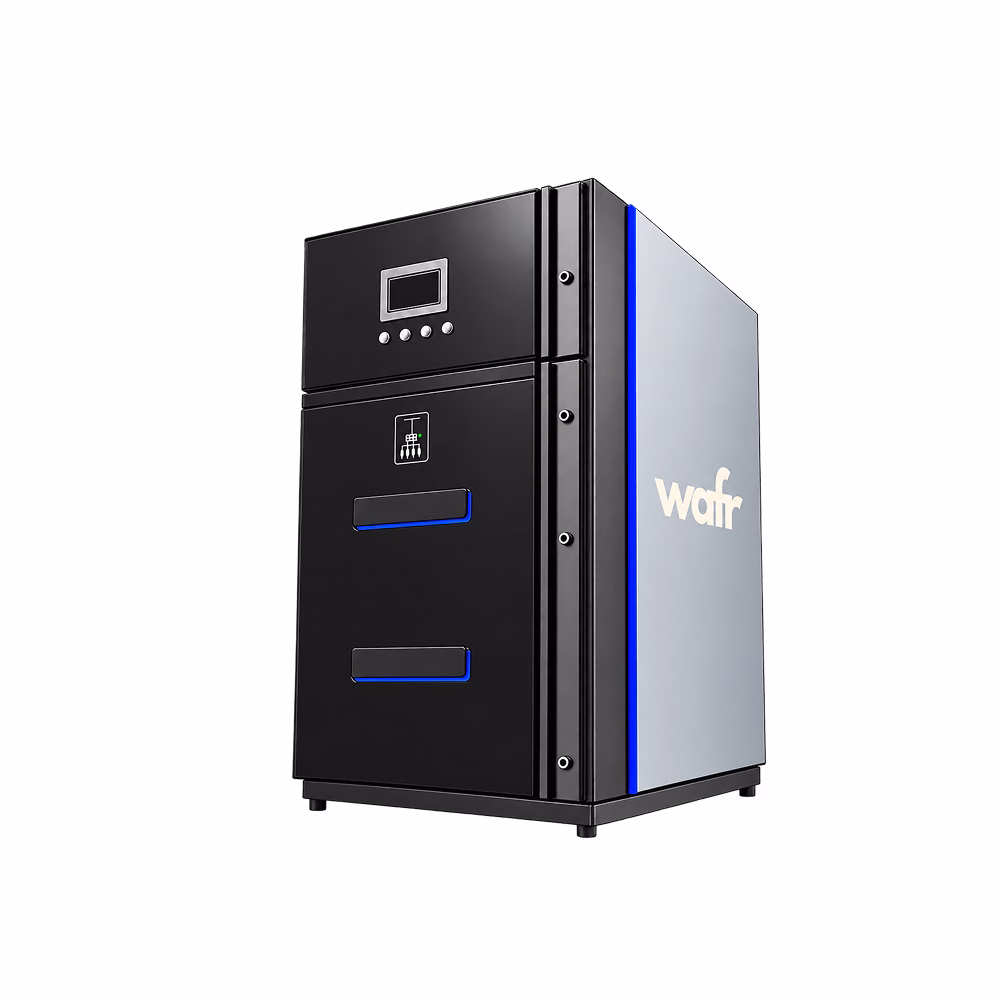 Wafr 38 kV metal-clad switchgear: wide cabinet with a black front, display panel and breaker compartments, silver side panel with the Wafr logo and blue accent trim