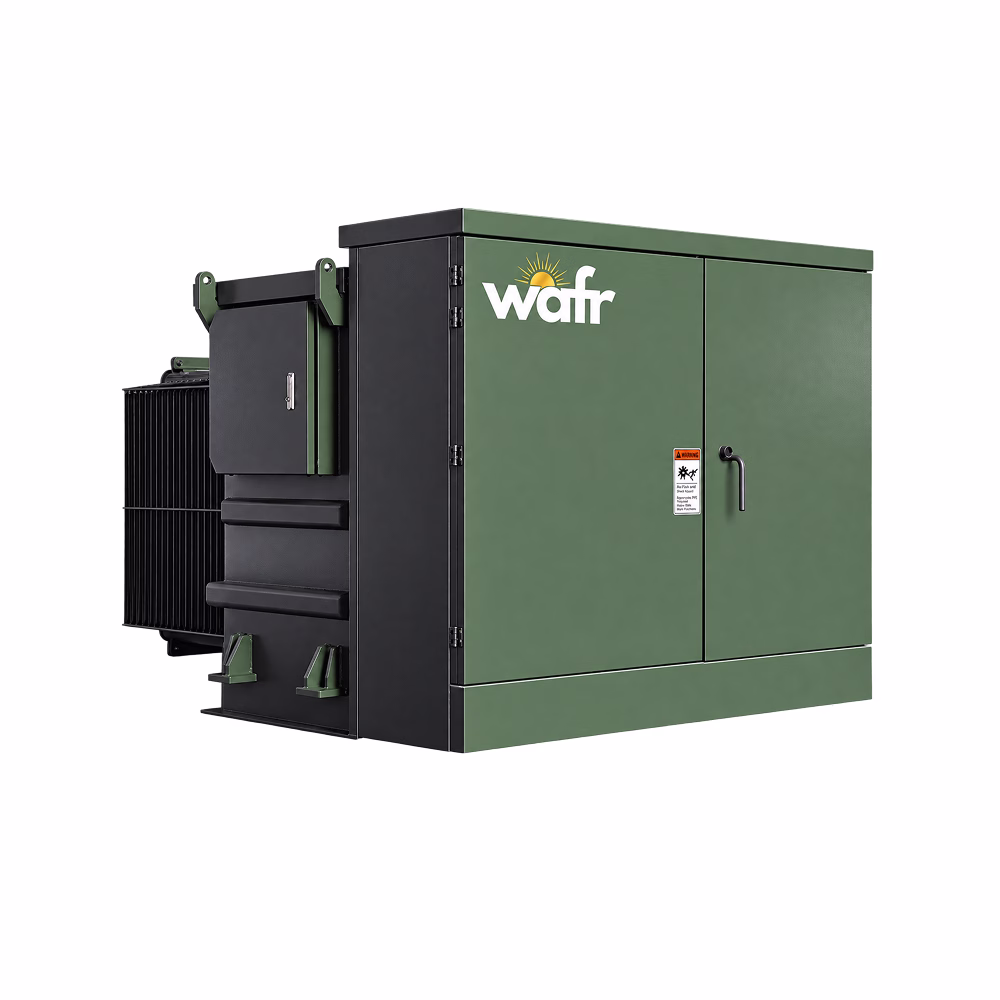 Wafr three-phase pad-mounted transformer in green with a lockable front cable compartment, the Wafr logo on the door and black side-mounted cooling radiators