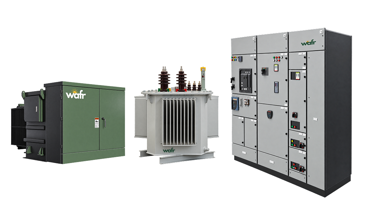 Wafr pad-mounted transformer, liquid-filled distribution transformer and switchgear lineup shown side by side