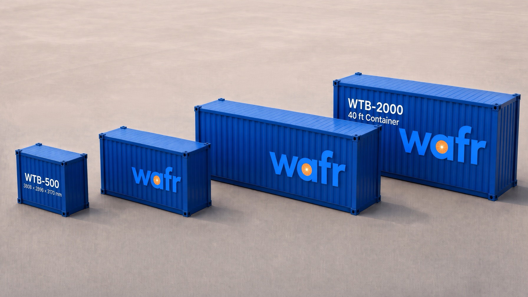 Wafr WTB thermal storage battery model range — WTB-500, WTB-1000, WTB-1500 and WTB-2000 40 ft container