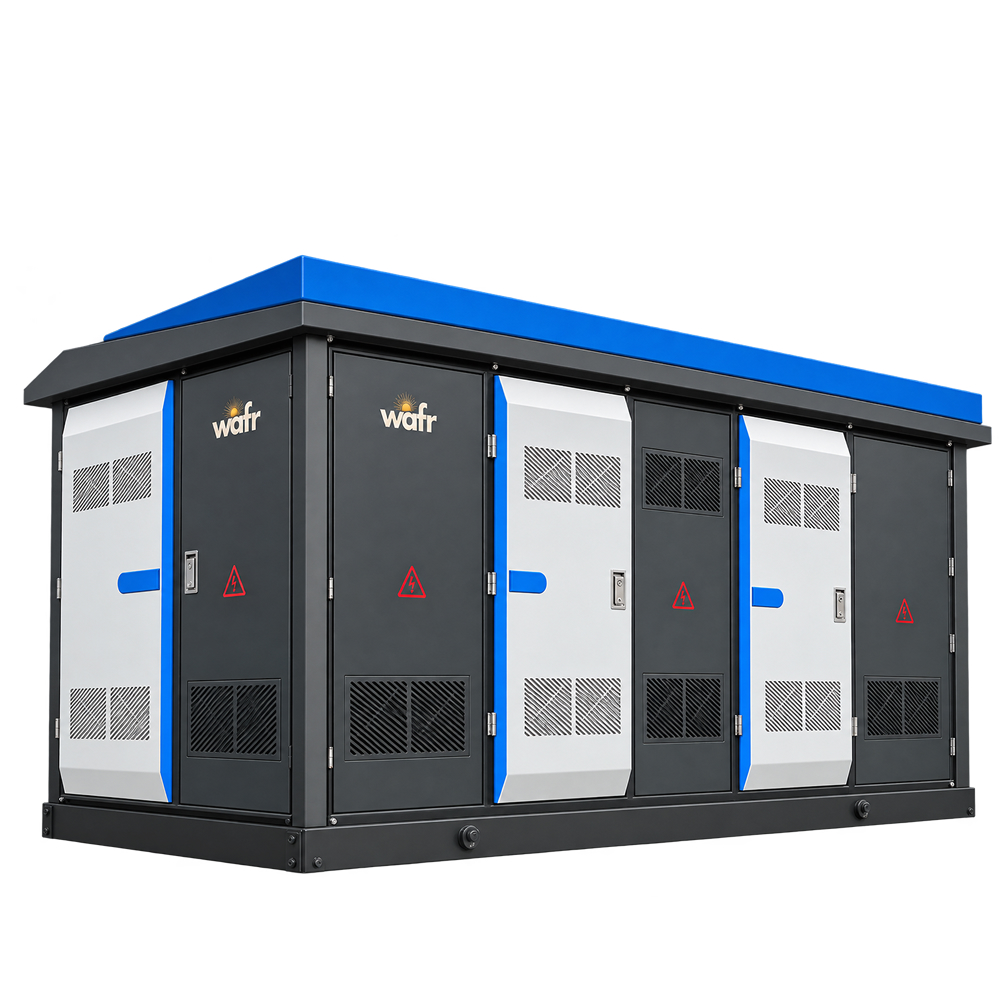 Wafr packaged unit substation in a dark grey outdoor enclosure with a blue roof, lockable access doors and ventilation louvres