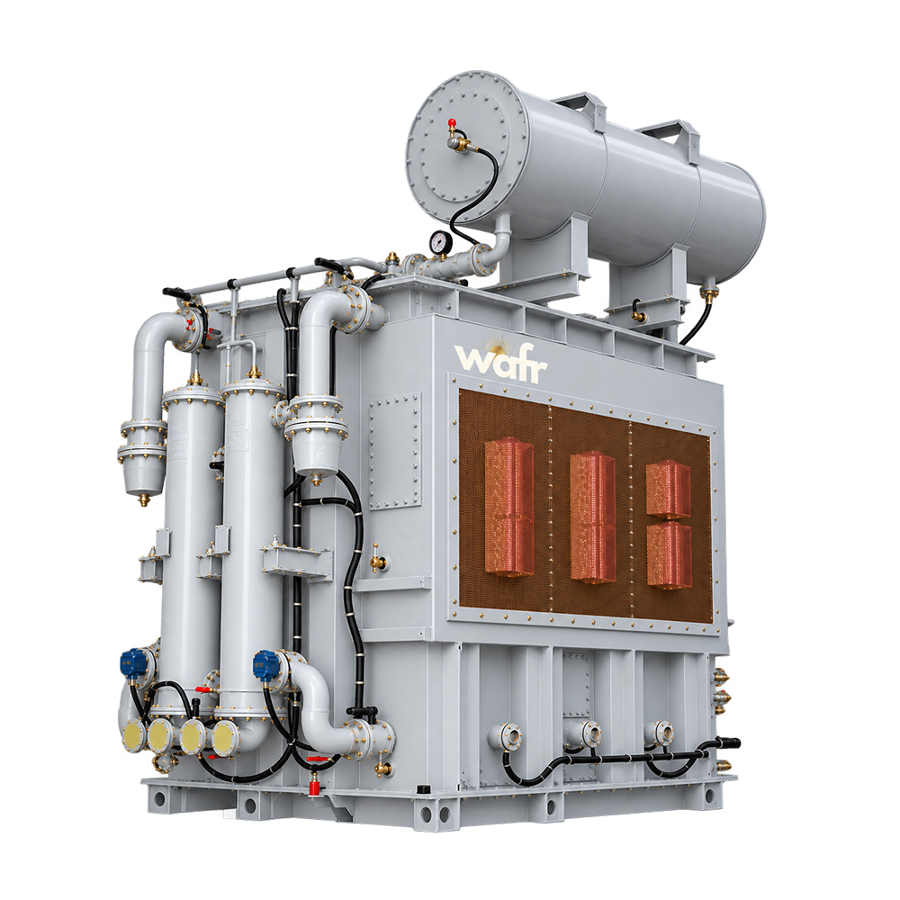 Wafr custom special-purpose transformer in light grey with an overhead conservator tank, external cooling pipework and a copper-mesh inspection panel
