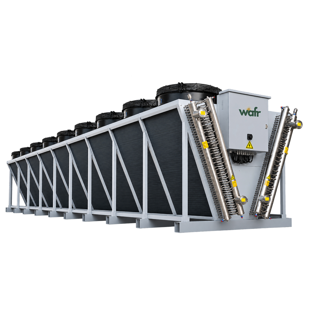 Wafr V-bank dry cooler with a row of top-mounted fans, dark finned coils in a light grey frame and stainless-steel headers beside the control box