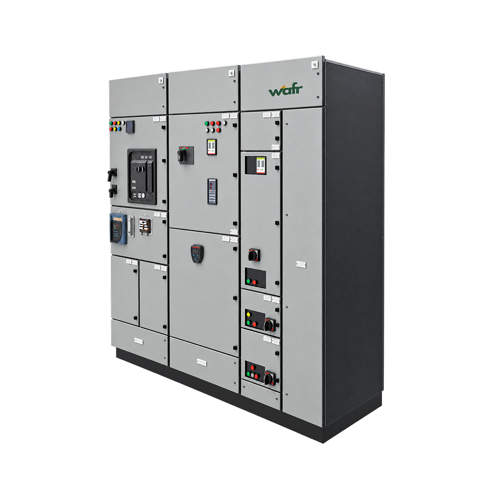 Wafr switchgear lineup: three grey cabinet sections with protection relays, meters, indicator lights and control switches on the front doors