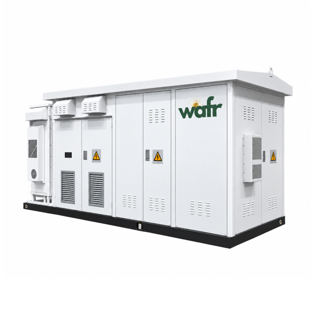 Wafr integrated power conversion and voltage boosting cabinet: white outdoor enclosure on a black skid base with louvred access doors and side-mounted cooling units