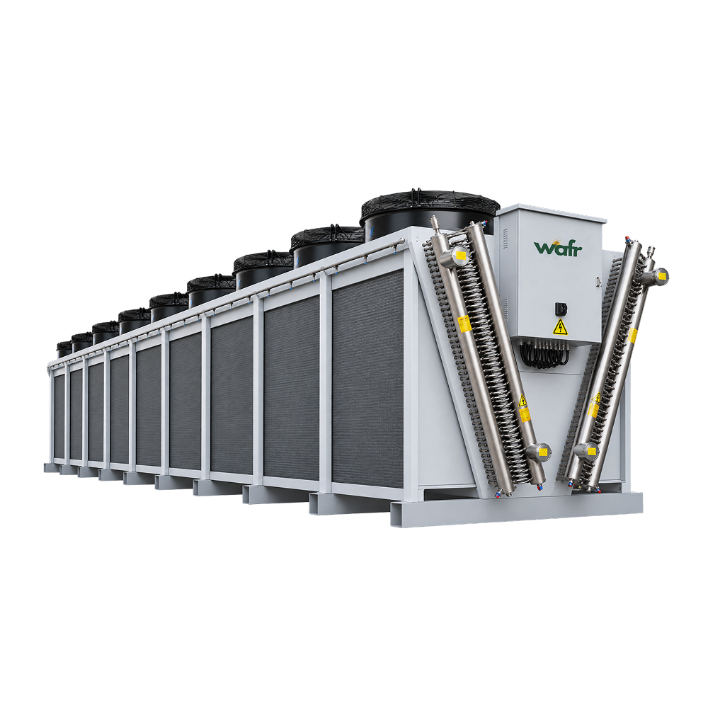 Wafr adiabatic dry cooler: V-bank unit with top-mounted fans, grey adiabatic pre-cooling pads along the sides and stainless-steel headers beside the control box
