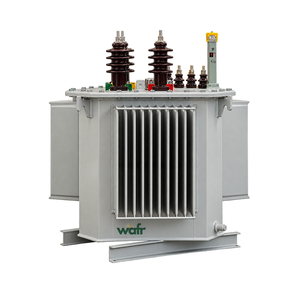 Wafr liquid-filled distribution transformer in light grey with brown porcelain bushings on top and side cooling radiators