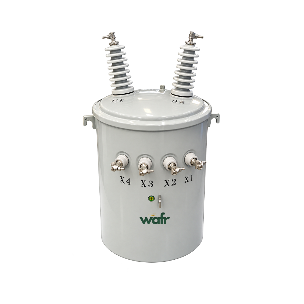 Wafr single-phase pole-mounted transformer: light grey cylindrical tank with two high-voltage bushings on top and X1 to X4 secondary terminals