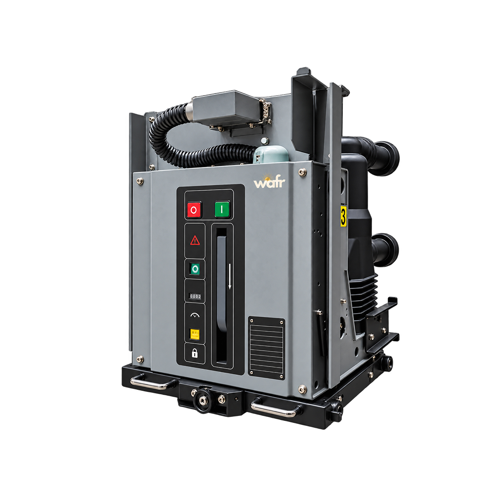 Wafr medium-voltage drawout vacuum circuit breaker in grey with a front control panel, black pole assemblies and a wheeled racking base