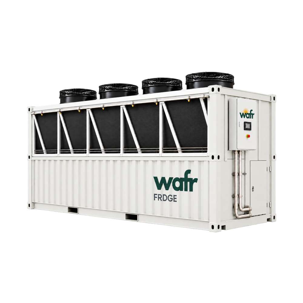 Wafr FRDGE cooling and thermal storage unit: white container with top-mounted fans, finned coils and a control panel