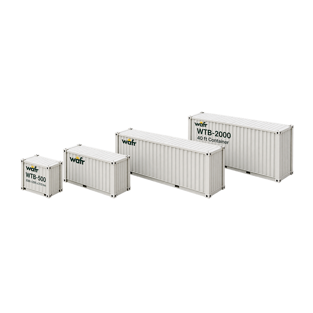 Wafr WTB thermal storage battery model range: WTB-500 through WTB-2000 40 ft containers in off-white