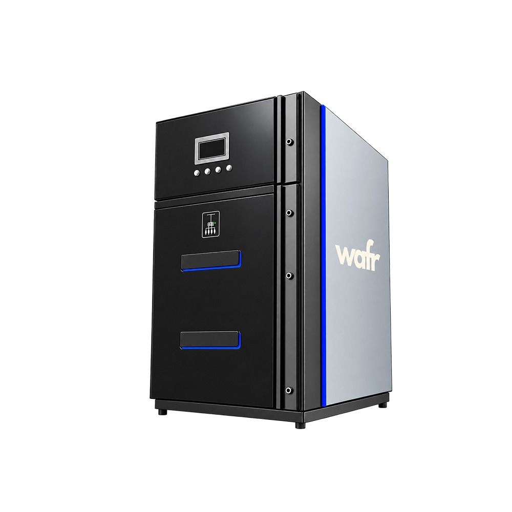 Wafr 38 kV metal-clad switchgear: wide cabinet with a black front, display panel and breaker compartments, silver side panel with the Wafr logo and blue accent trim