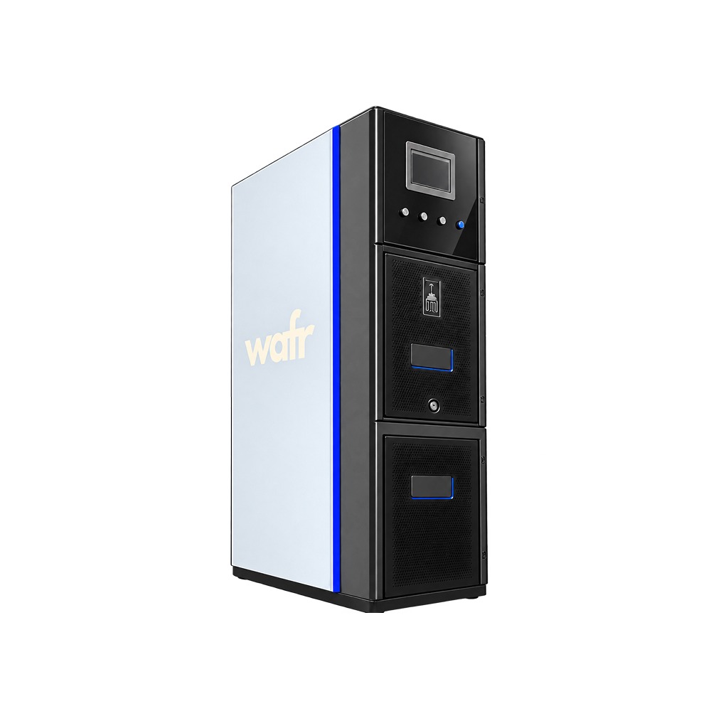 Wafr 5/15/27 kV metal-clad switchgear: tall cabinet with a black front, display panel and breaker compartments, light side panel with the Wafr logo and blue accent trim
