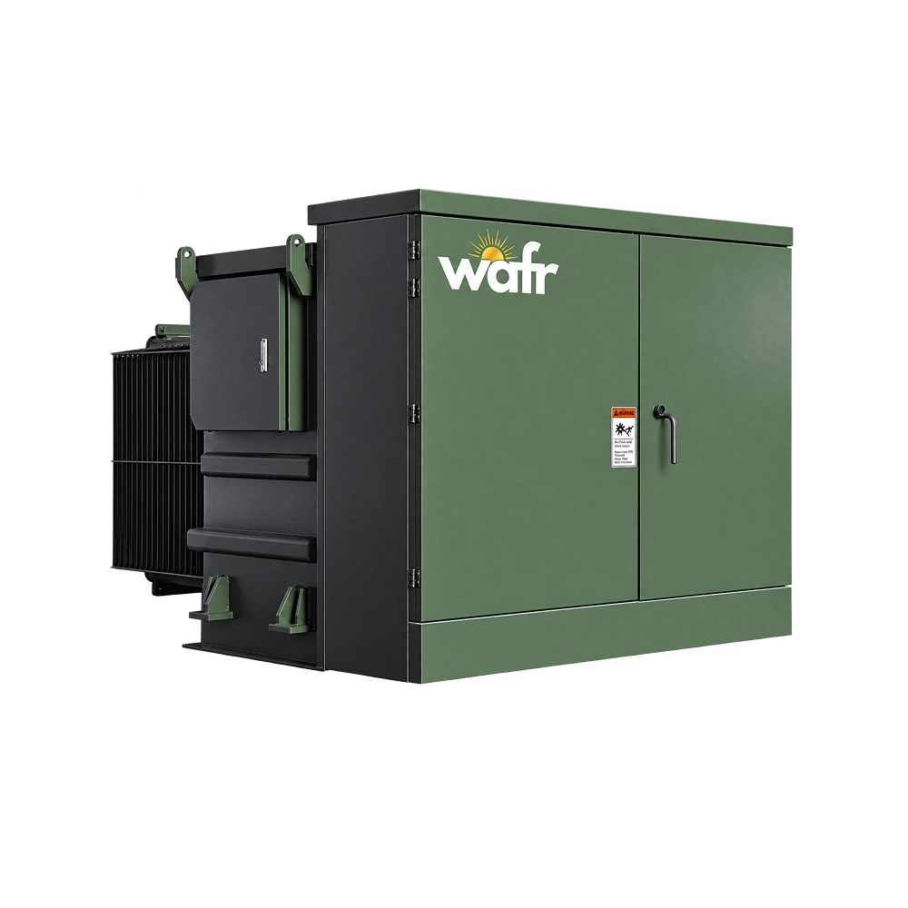 Wafr three-phase pad-mounted transformer in green with a lockable front cable compartment, the Wafr logo on the door and black side-mounted cooling radiators