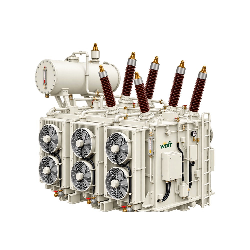 Wafr medium and large power transformer in cream with tall brown high-voltage bushings, an overhead conservator tank and banks of forced-air cooling fans