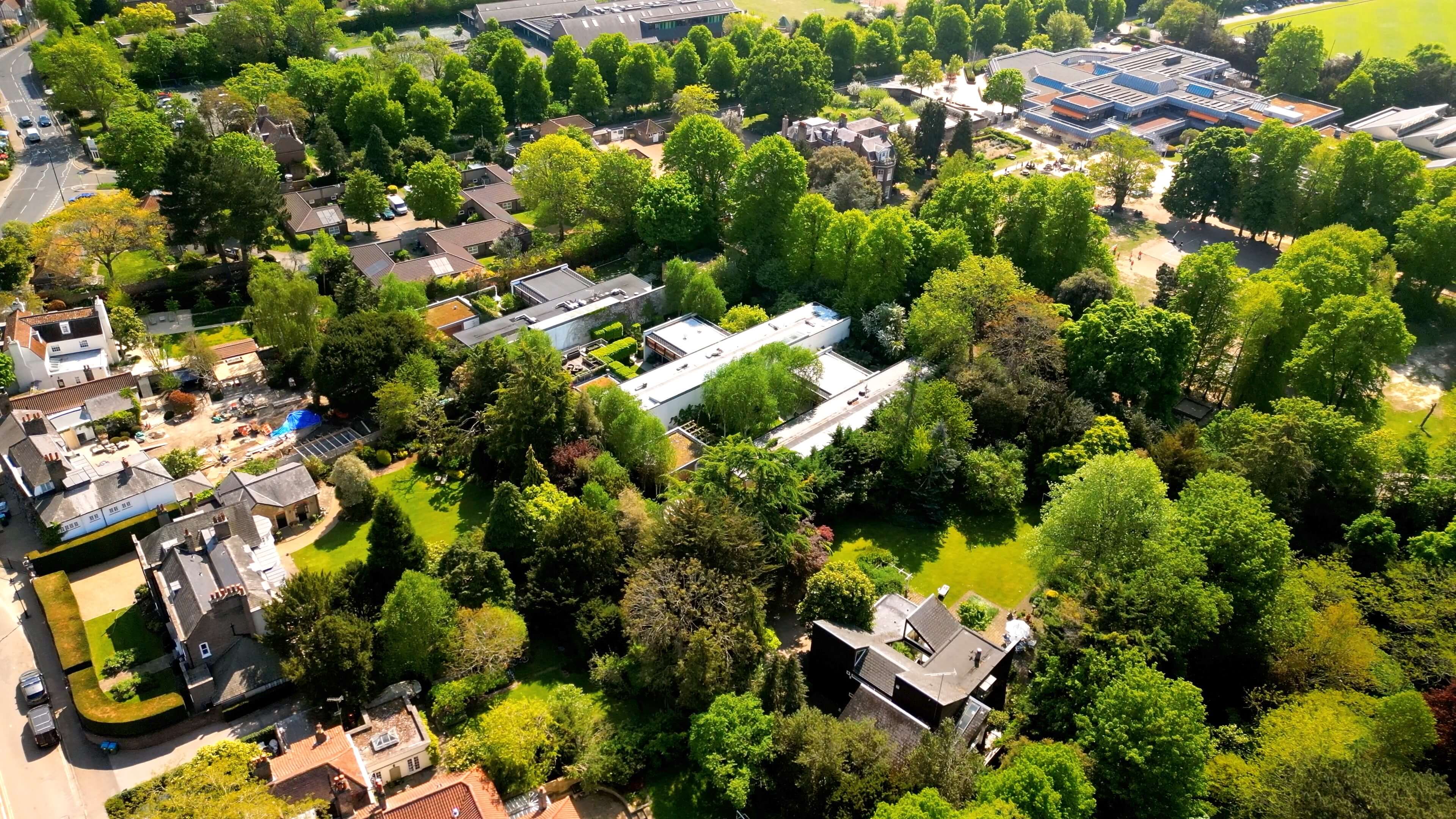 Aerial view of a residential area with houses surrounded by dense green trees and lawns.