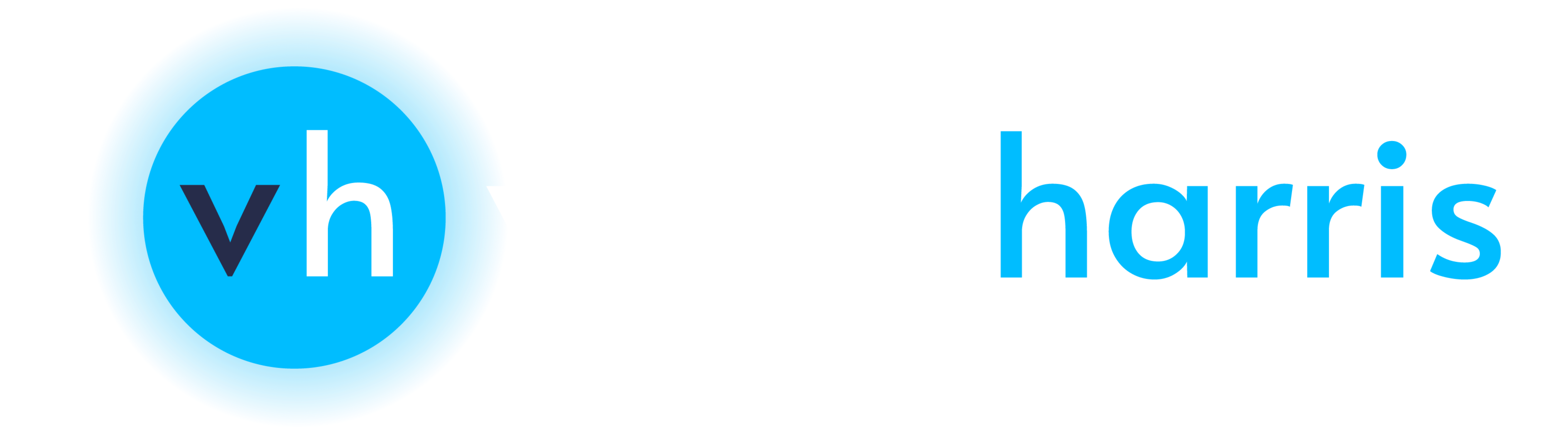 Logo with lowercase letters 'vh' in a blue circle followed by text 'victorharris' in white and blue.