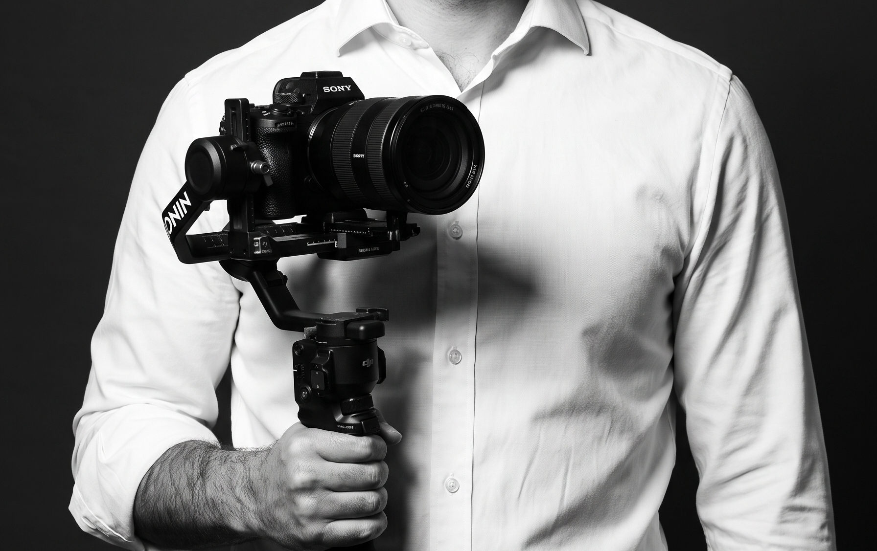 Person in white shirt holding a Sony camera mounted on a black DJI Ronin gimbal stabilizer.
