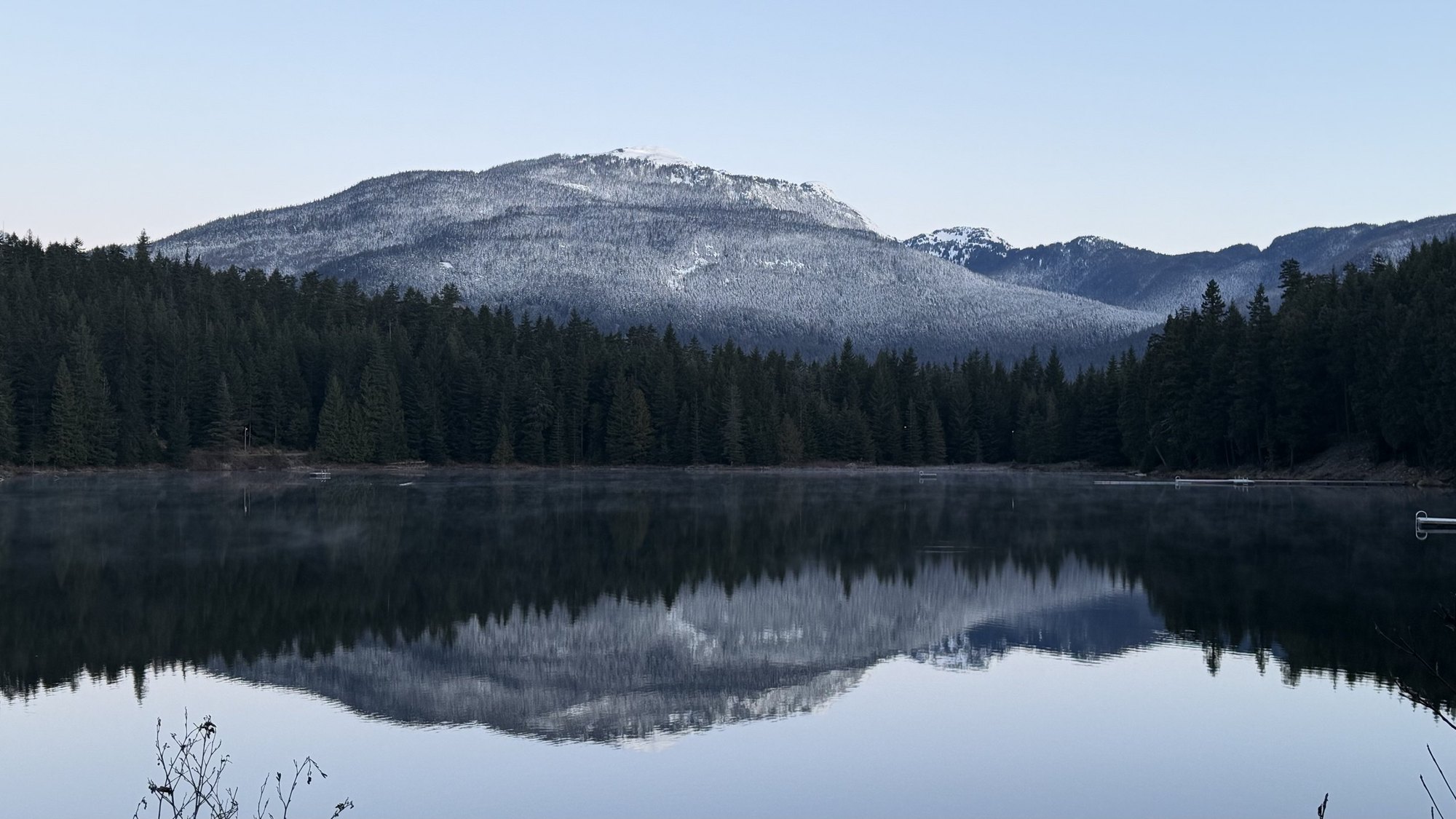 A still mountain lake mirroring the peaks above it