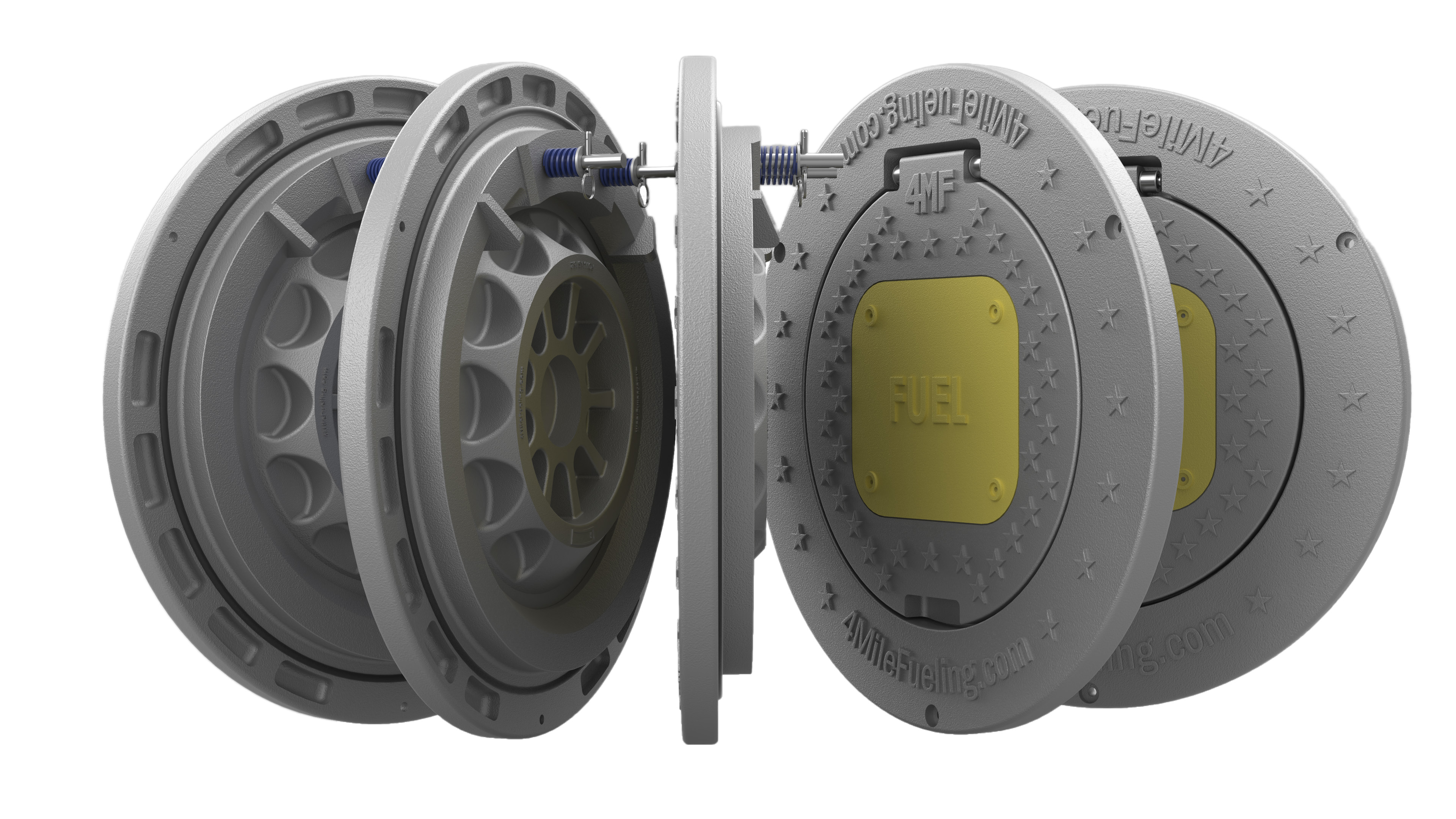 Close-up side view of disassembled gray and yellow mechanical fuel caps with star-shaped patterns and visible spring mechanisms.