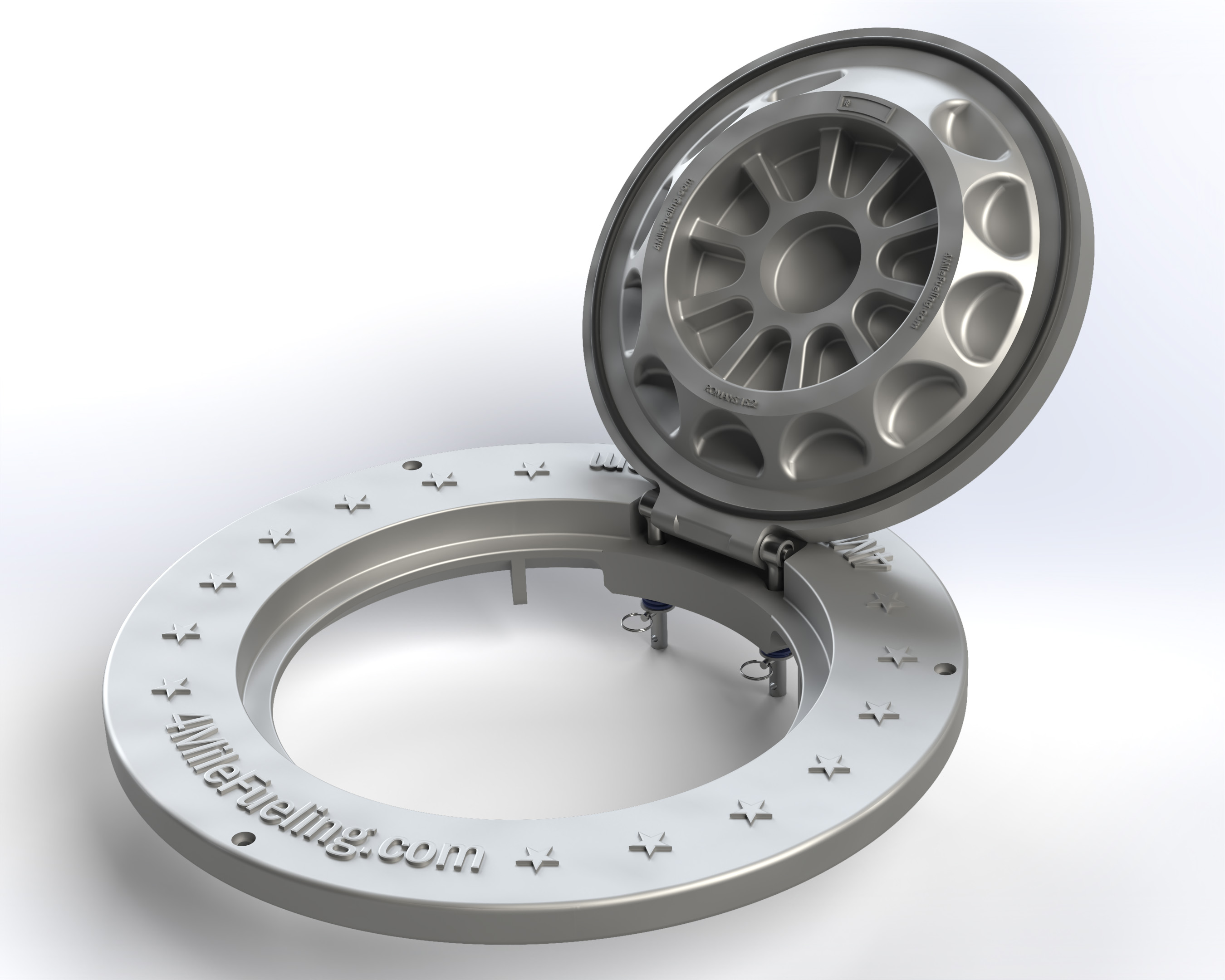 Metal circular fuel measurement port cover with a hinged lid open, showing internal locking pins and the website text 'MillerFueling.com' embossed around the outer edge.