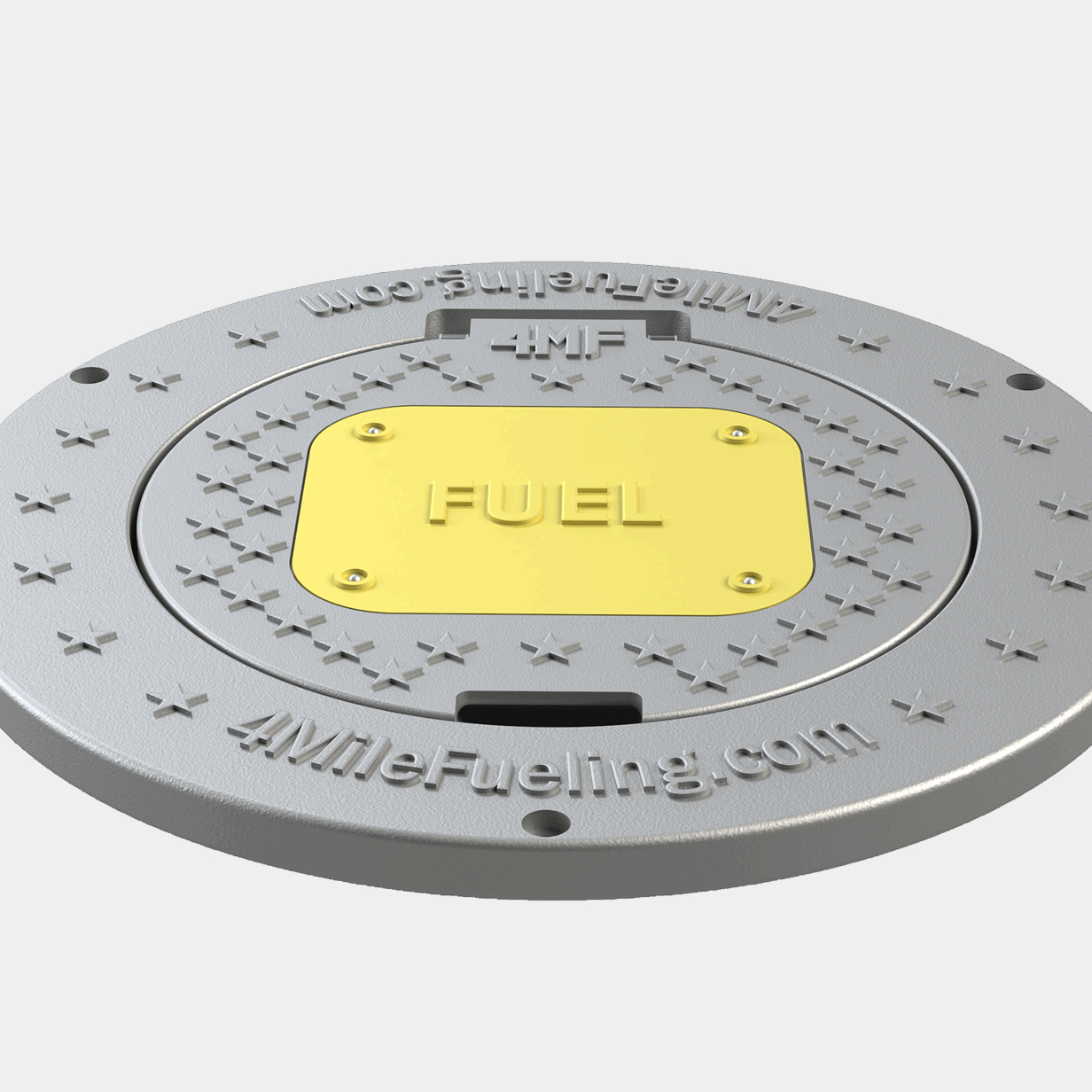 Round silver fuel cover with a yellow center plate labeled FUEL, featuring embossed stars and text reading 4MF and 4MileFueling.com.