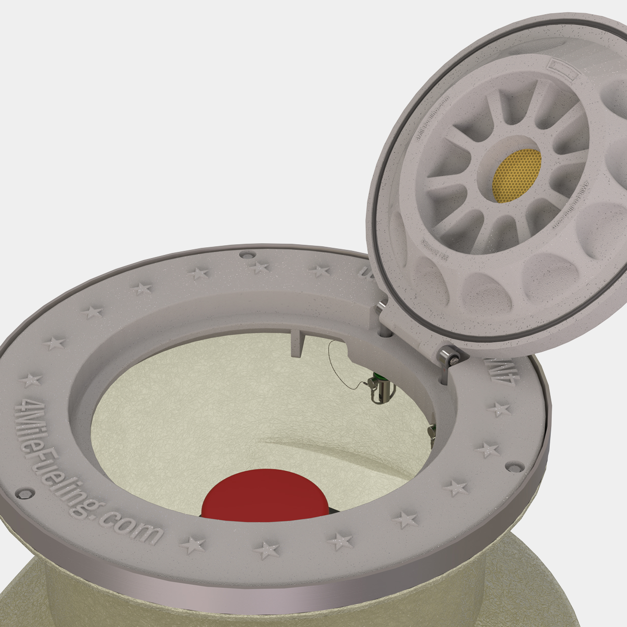 Close-up of an open round fuel tank cap with a grey cover that has star-shaped indentations and the text '4MVF-Fueling.com', revealing a red circular component inside the tank.
