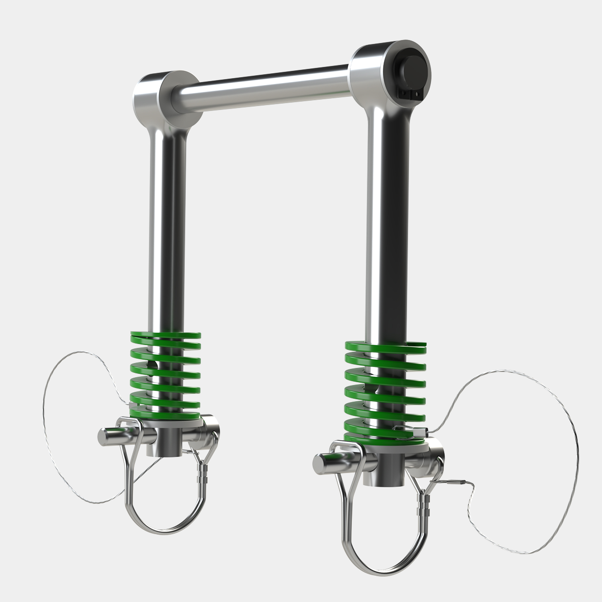Metal hinge mechanism with two vertical cylindrical rods connected by a horizontal bar, each rod wrapped with green springs near the base, and secured with metal pins and safety wires.