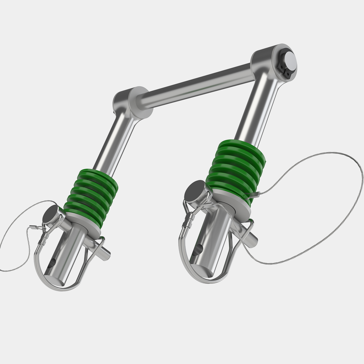 Metal hinge assembly with two angled silver arms connected by a horizontal silver rod, each arm featuring a green ribbed rubber sleeve and a locking pin with attached wire loop.