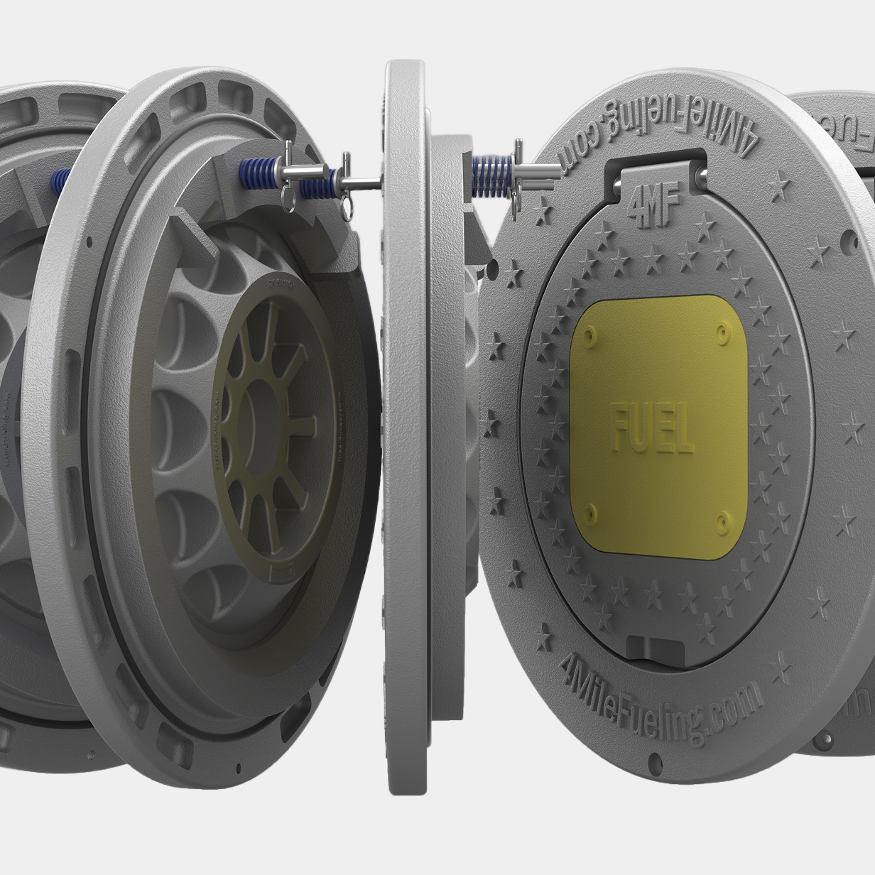 Close-up view of multiple gray metallic fuel pit covers with circular shapes and textured surfaces, featuring yellow plates engraved with the word 'FUEL' and blue spring-loaded pin locking mechanisms.