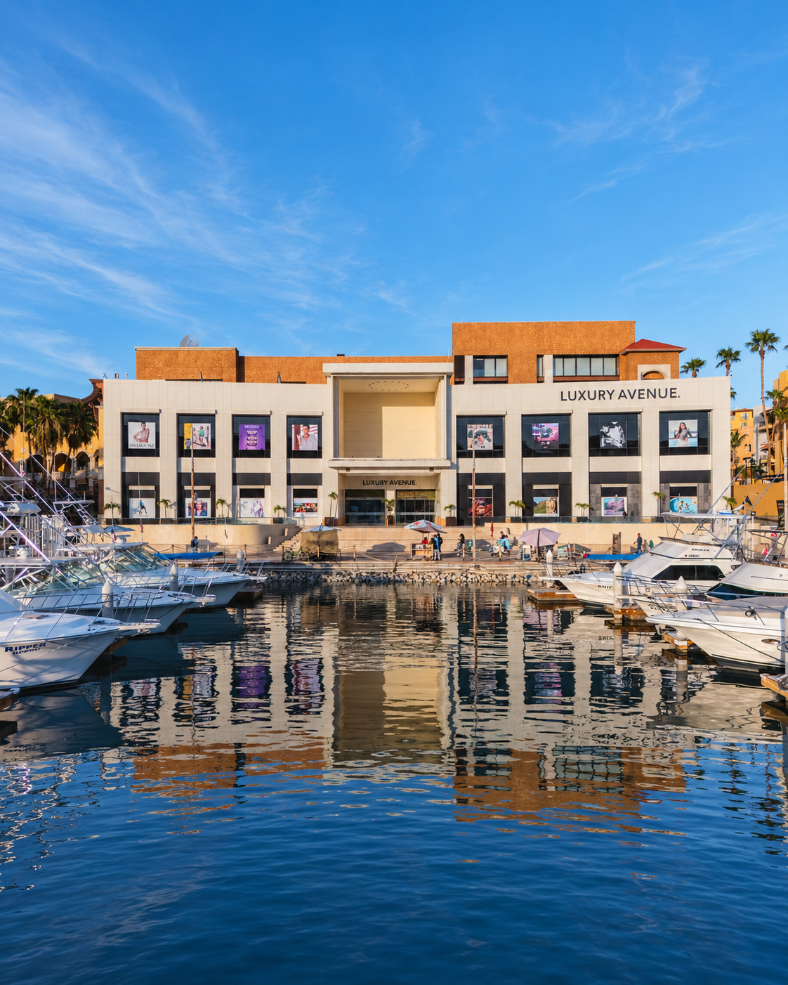Fachada de Luxury Avenue Cabo frente a la marina
