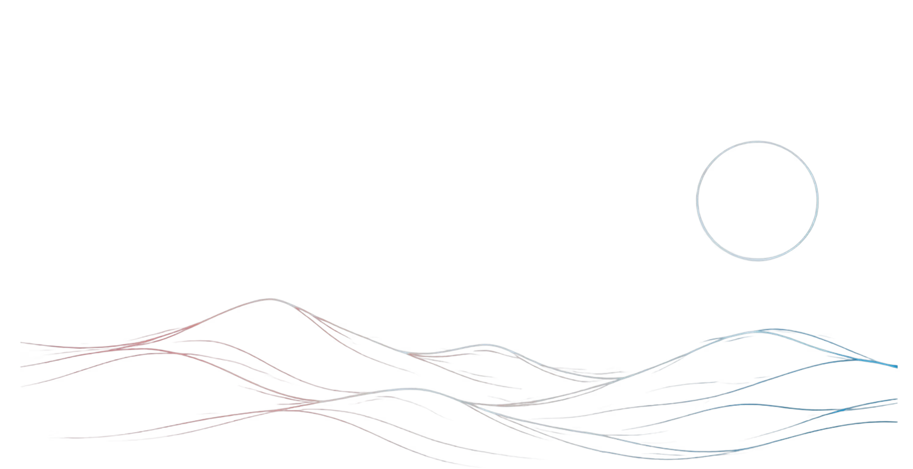 Minimalistic wave-like lines in gradient colors beneath a simple circular outline representing the sun or moon.
