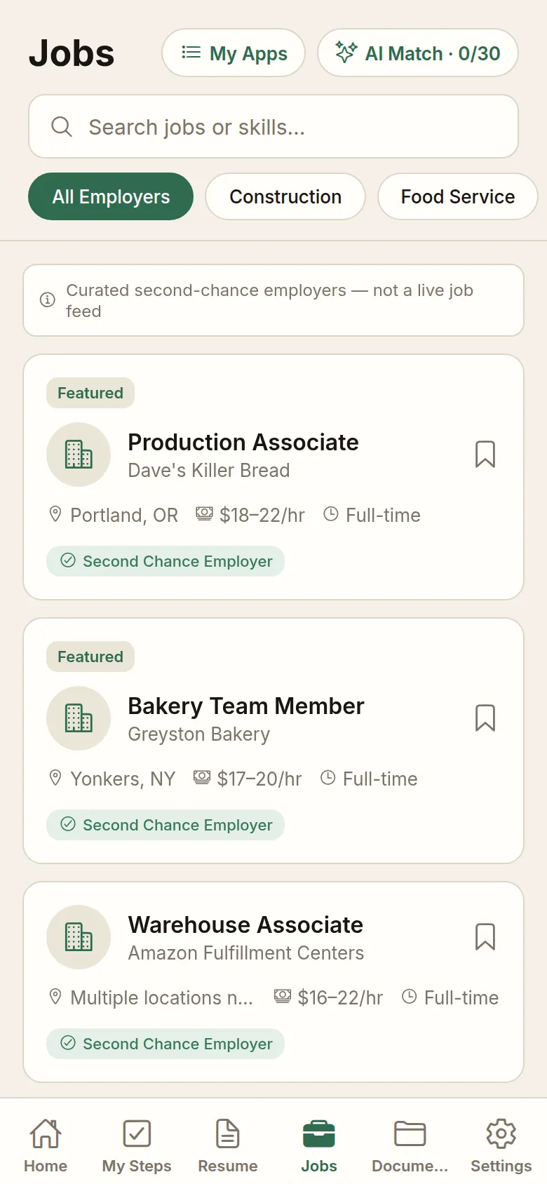 Free and Forward job board listing curated second-chance employers with pay and location