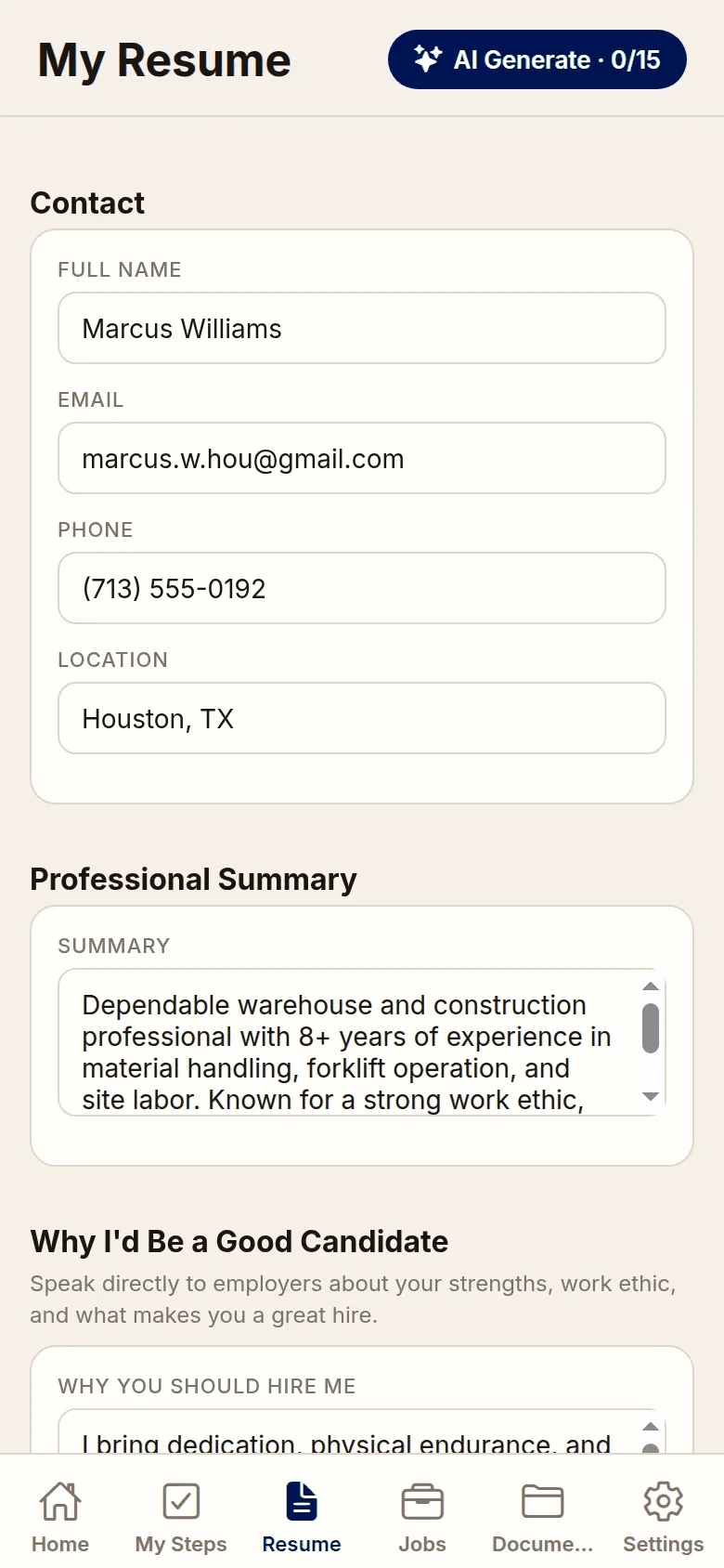 Free and Forward app Resume Builder screen showing work history, skills and a clean PDF export
