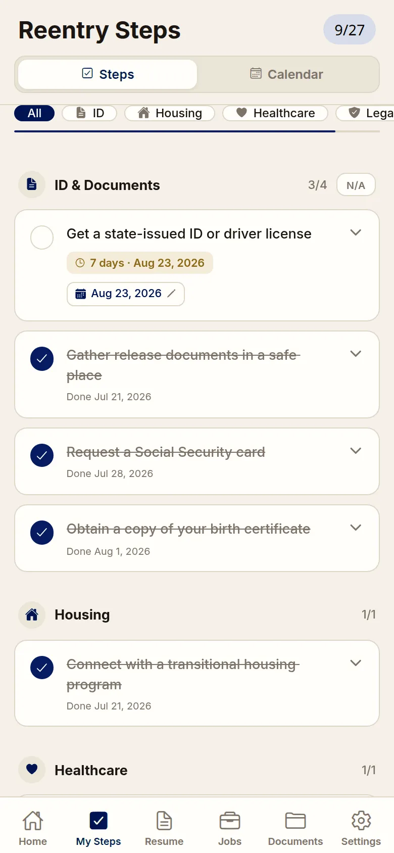 Free and Forward app showing the 27-step reentry checklist