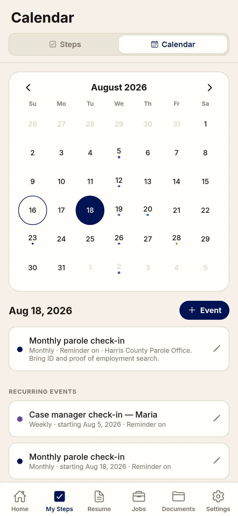 Free and Forward app showing the calendar of court dates and check-ins