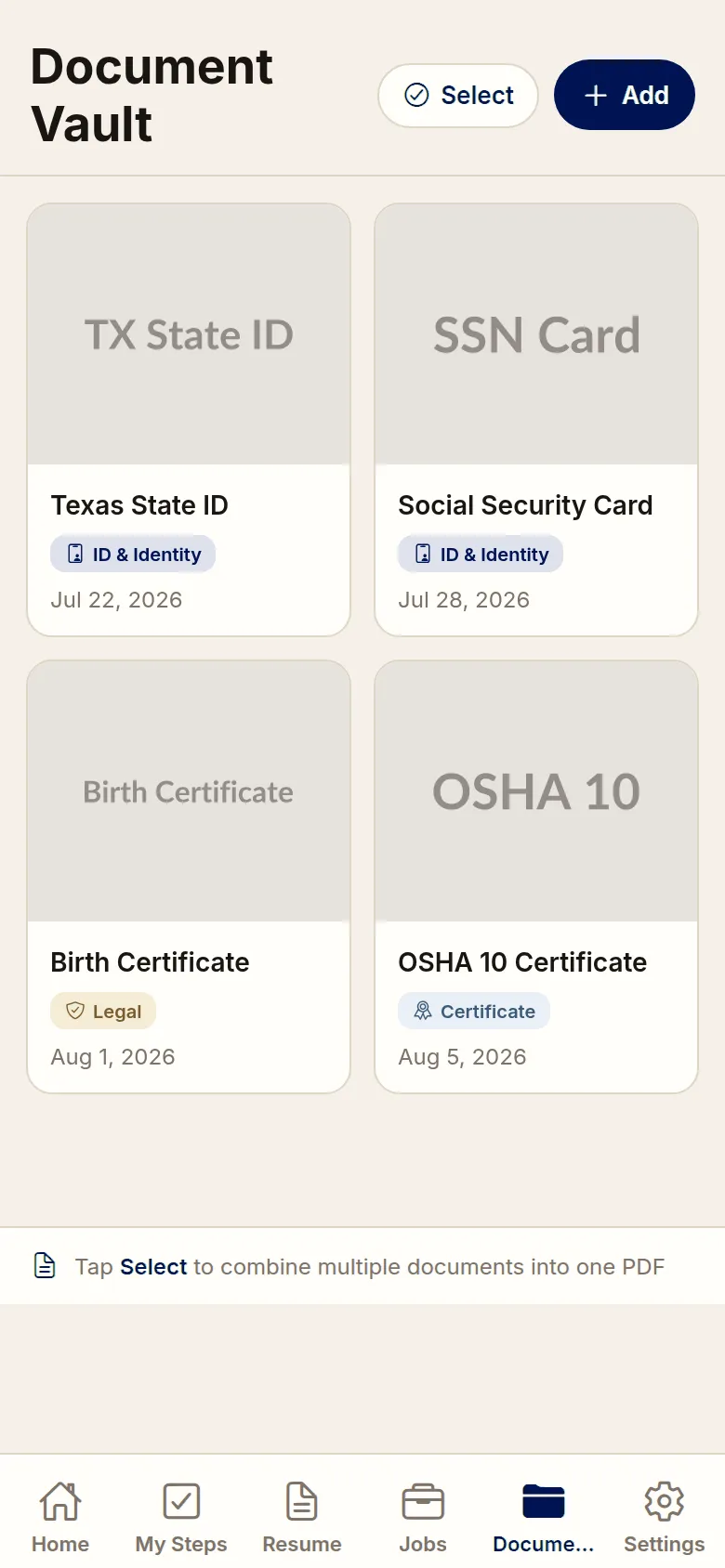 Free and Forward app Document Vault screen showing an ID, birth certificate and release papers stored on the device