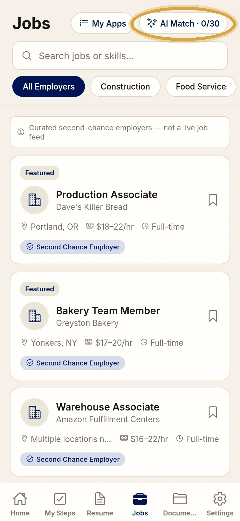 Free and Forward app showing AI-matched job recommendations