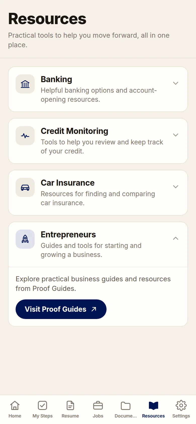 Free and Forward Resources screen showing banking, credit monitoring, car insurance and entrepreneur resources