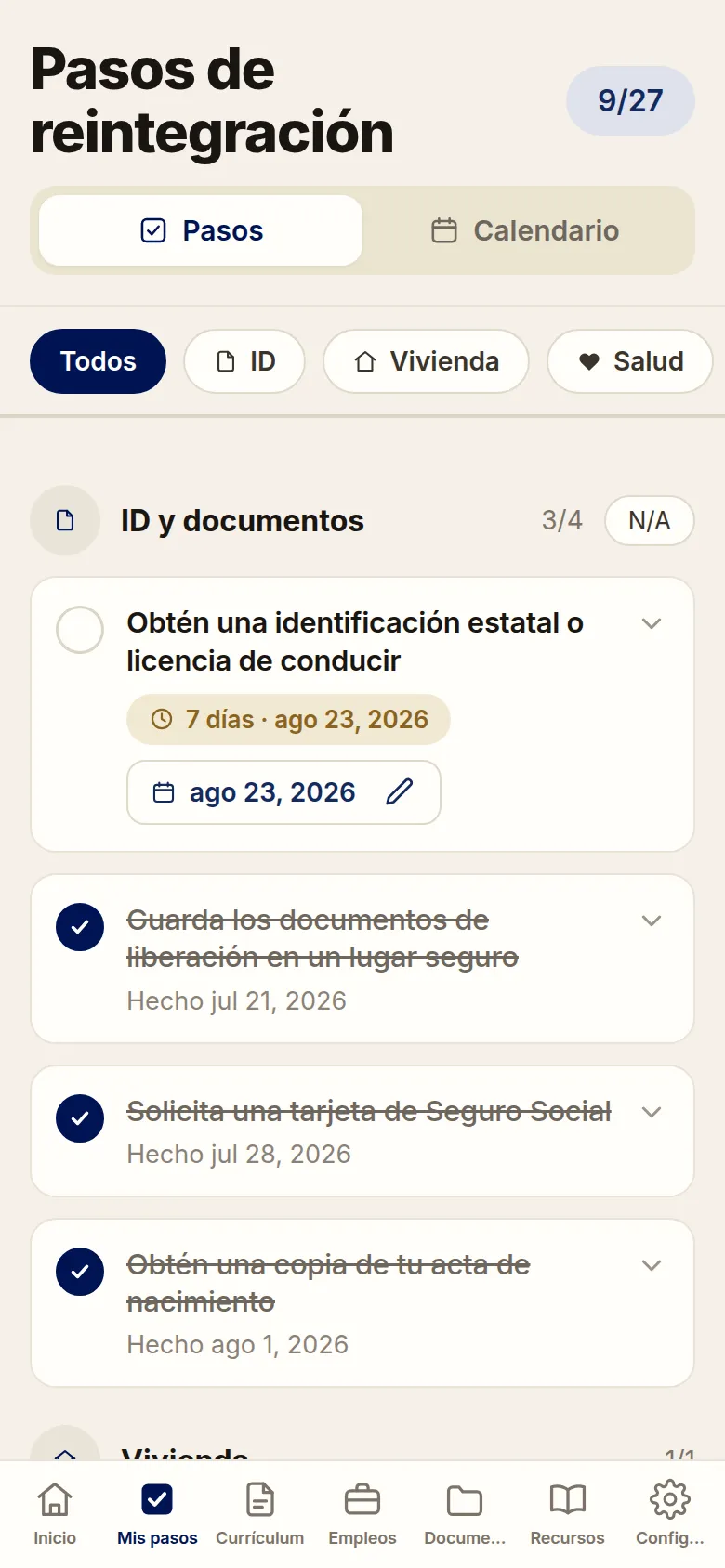 Free and Forward app showing the 27-step reentry checklist