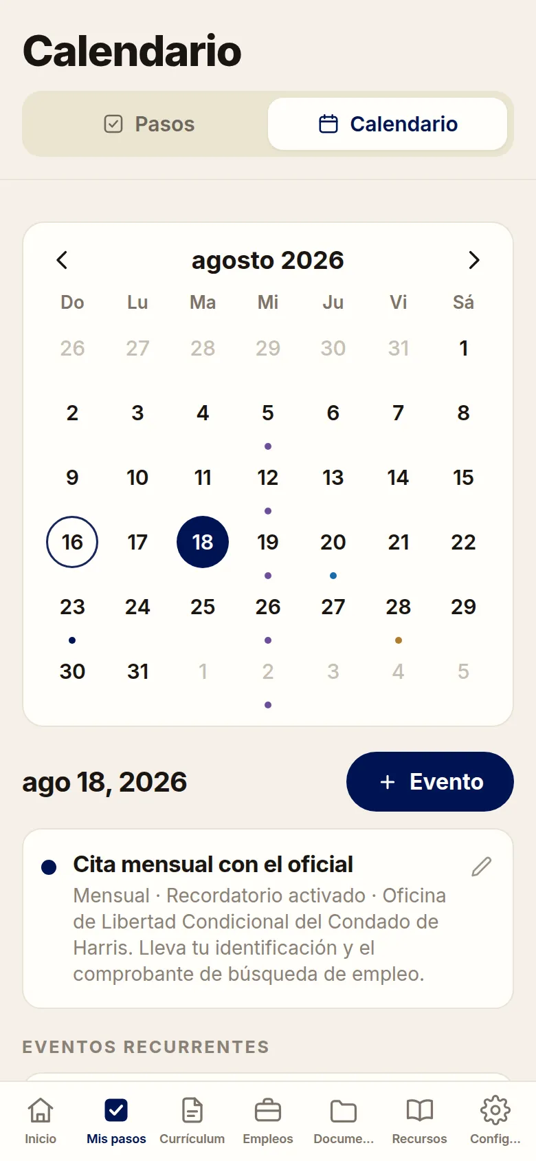Free and Forward app showing the calendar of court dates and check-ins