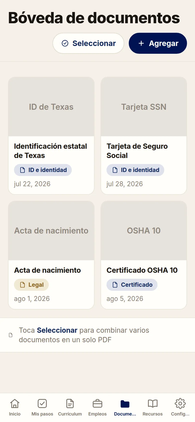 Pantalla de la Bóveda de documentos mostrando identificación, acta de nacimiento y documentos de liberación guardados en el dispositivo