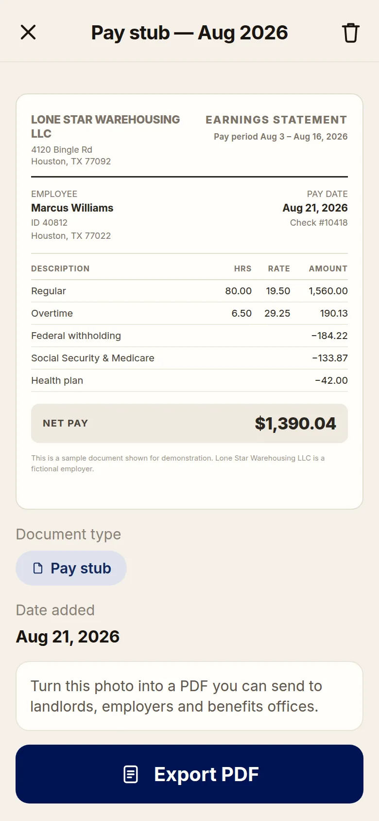 Free and Forward app turning a photographed pay stub into a PDF with the Export PDF button