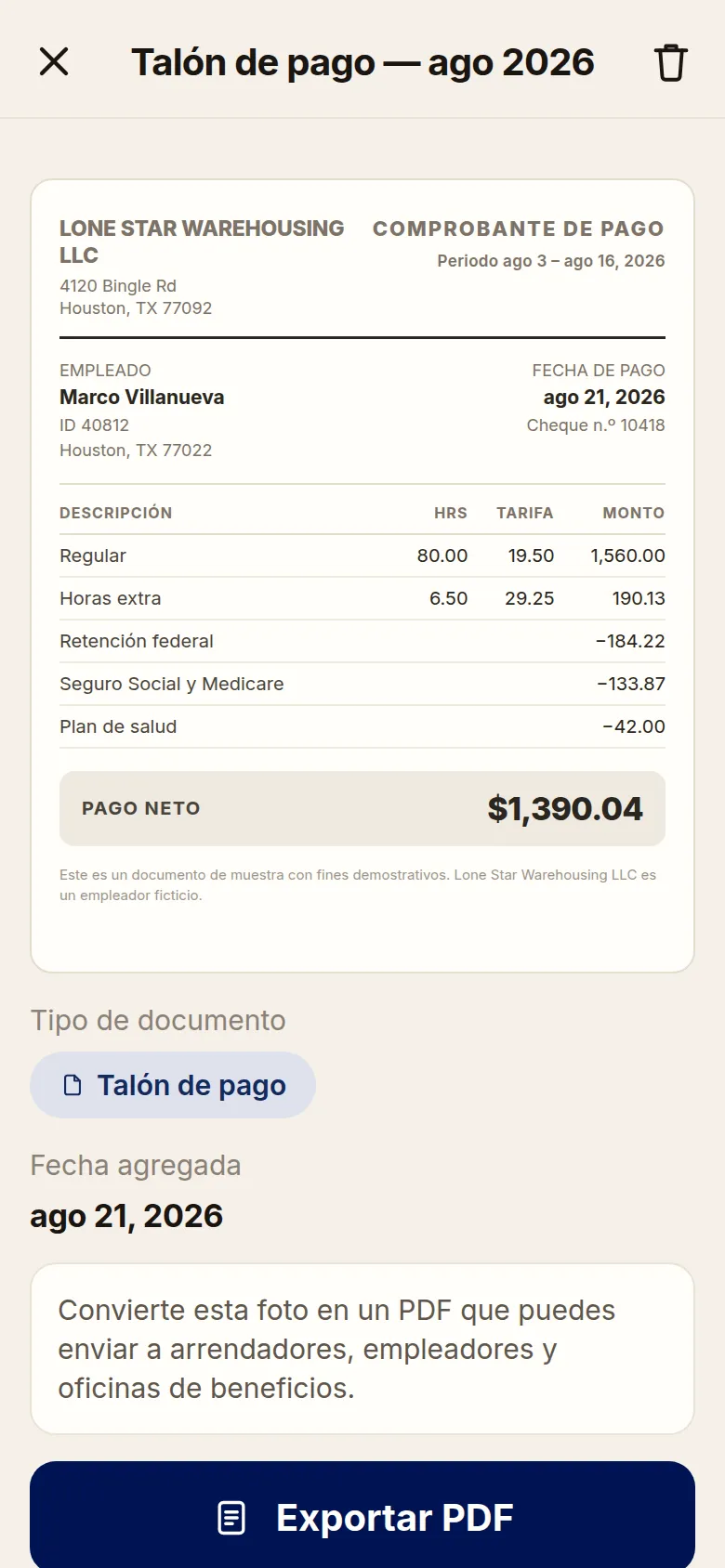 La app Free and Forward convirtiendo la foto de un talón de pago en un PDF con el botón Exportar PDF