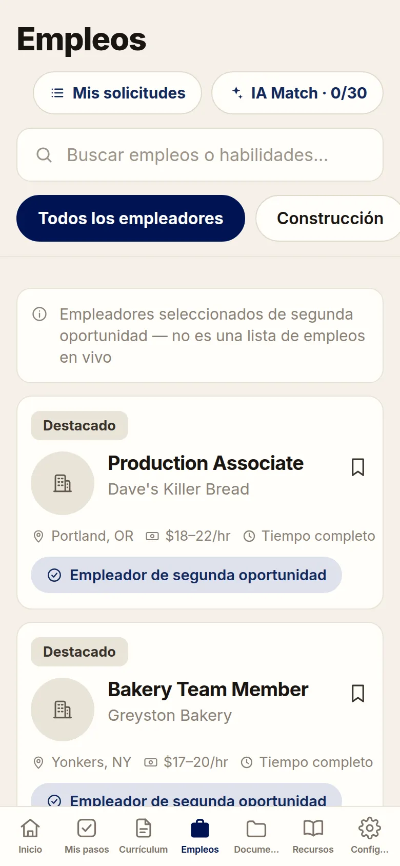 Bolsa de empleo de la app Free and Forward con empleadores de segunda oportunidad, salario y ubicación