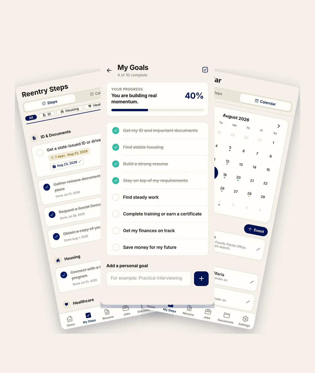 Three Free and Forward screens: the goal tracker, the 27-step checklist, and the calendar of check-ins and court dates