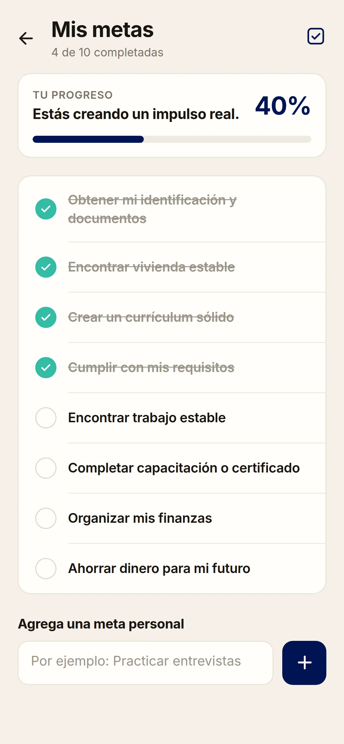 App Free and Forward mostrando el seguimiento de metas con cuatro de diez completadas y una barra de progreso al 40 por ciento