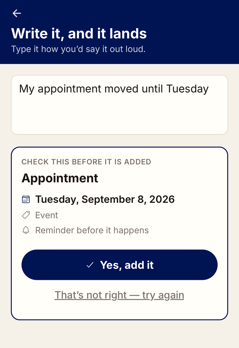 Free and Forward reading a typed appointment and showing the full date on a confirmation card before it is added to the calendar