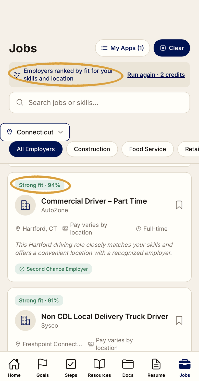 Free and Forward AI job match screen scoring second-chance employers against the user's resume