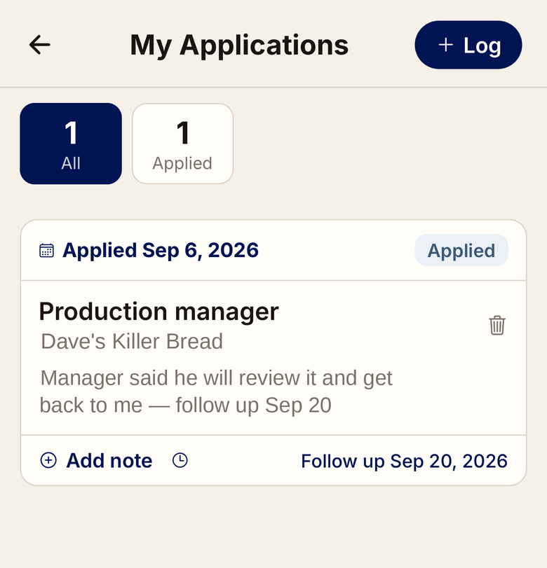 Free and Forward My Applications tracker showing a logged application with its status, notes and a follow-up date